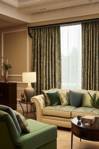 Progettazione d'interni decorazione del soggiorno e miglioramento della casa mobili antichi divano e tessuti verdi cottage di campagna lounge stile generativo ai