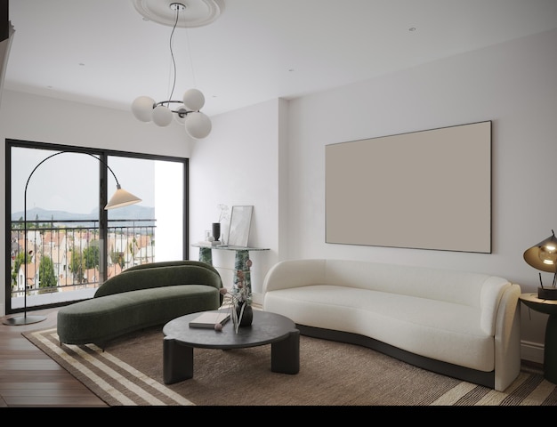 Progettazione degli interni del soggiorno a tema bianco divano e tavolo cornice per la pittura a parete