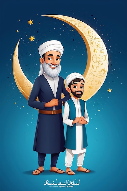 Progettazione del poster della celebrazione di Jashneeid con un uomo e un figlio islamici allegri