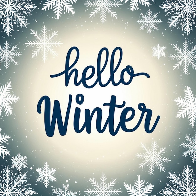 Progettazione del poster Hello winter sullo sfondo di una scena invernale e la parola hello winter