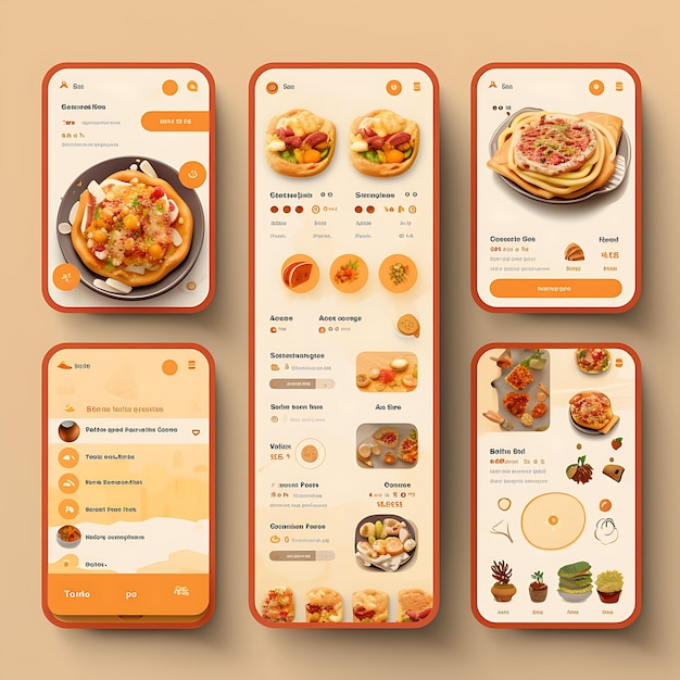 Progettazione di app per dispositivi mobili del servizio di consegna Progettazione di app per la consegna di cibo Tema appetitoso con layout creativo