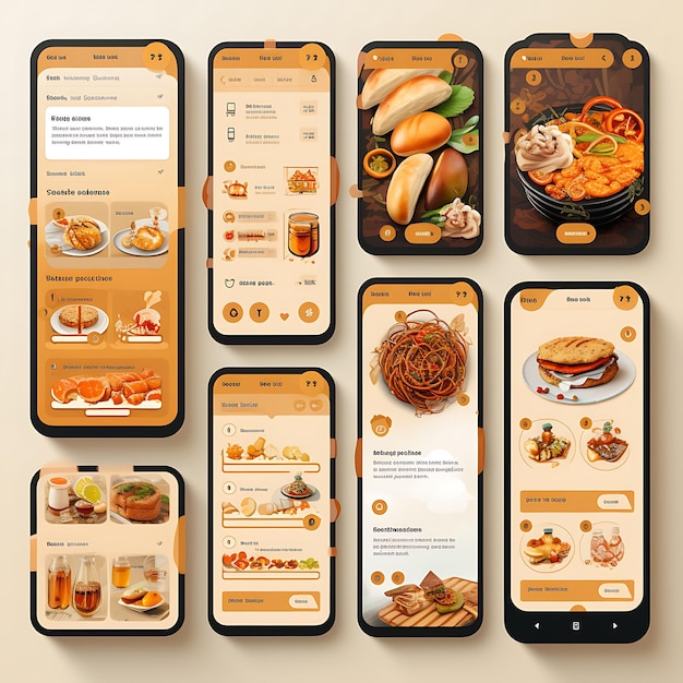 Progettazione di app per dispositivi mobili del servizio di consegna Progettazione di app per la consegna di cibo Tema appetitoso con layout creativo