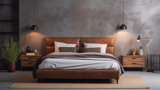 Progettazione di appartamenti con materiali naturali pietra legno granito piante camera da letto minimalista IA generativa