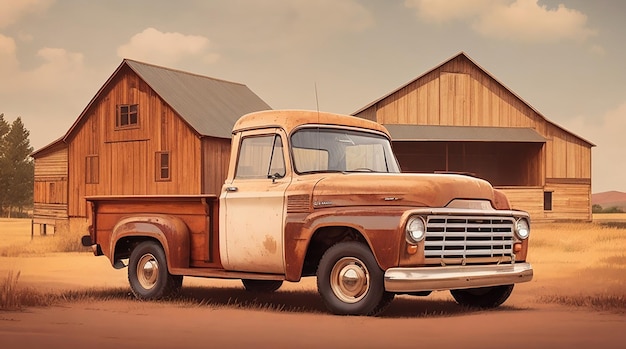 Progettazione di un'illustrazione vettoriale vintage di un pick-up classico davanti a un fienile di campagna