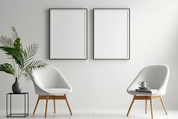 Progettazione di una sala d'attesa con comode sedie bianche e due cornici vuote sulla parete bianca generata dall'intelligenza artificiale