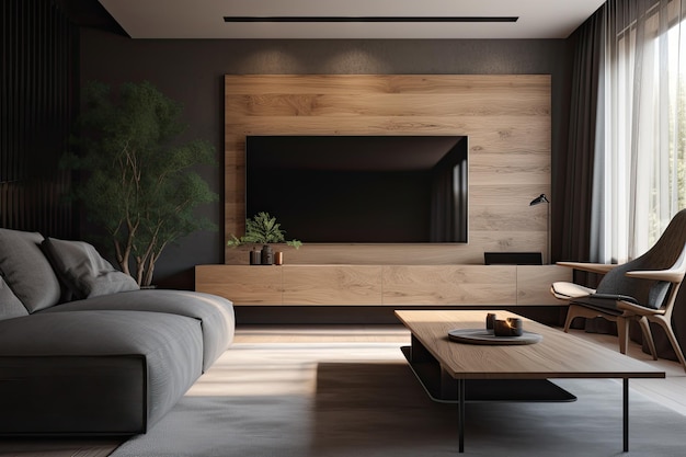 Progettazione interiore in stile minimalista di un soggiorno moderno con televisore