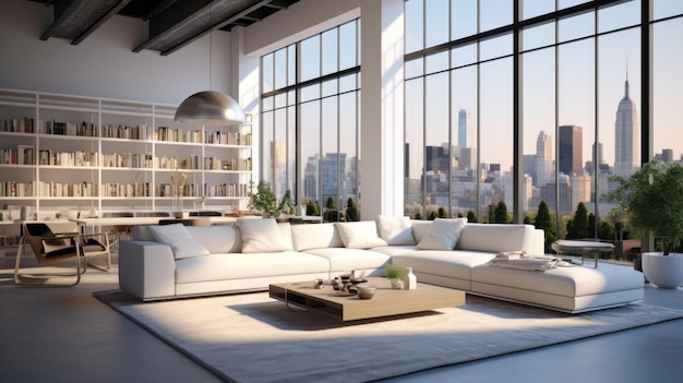 Progettazione interiore minimalista di un loft di un soggiorno moderno con una grande finestra