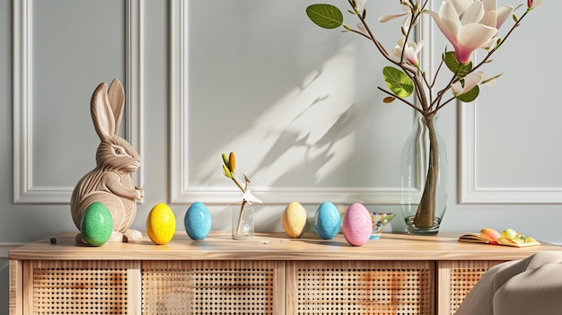 progettazione interna del soggiorno di Pasqua interno comodino elegante uova di Pasqua colorateGenerative Ai