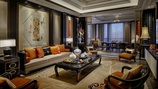 Progettazione interna del soggiorno e della sala da pranzo con accenti orientali come statuette di porcellana, pannelli dipinti e drappi di seta, una combinazione di stile moderno e chinoiserie