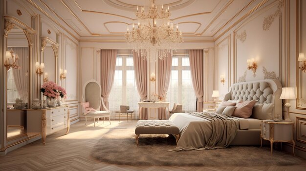 Progettazione interna della camera da letto in toni beige AI generativa