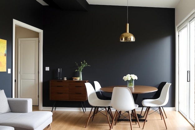 Progettazione interna di un appartamento moderno soggiorno con pareti in stucco nero e sala da pranzo AI Generato