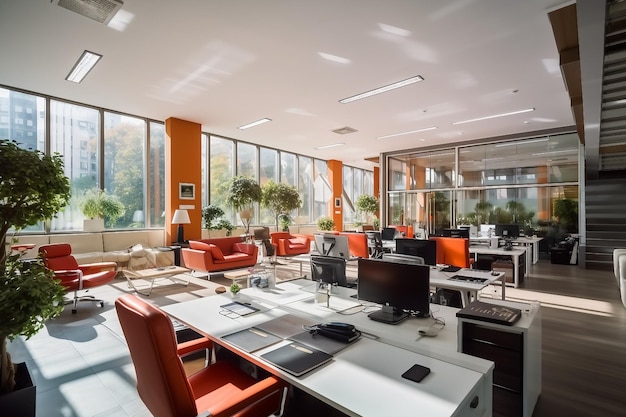 Progettazione interna di un ufficio moderno con sedie rosse e scrivanie bianche creata generativa ai