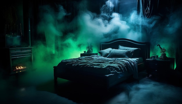 progettazione interna di una camera da letto magica piena di nebbia