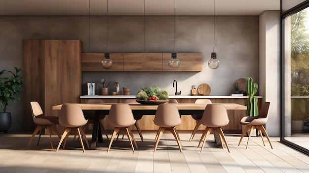 progettazione interna di una sala da pranzo moderna con sedie di legno vicino alla cucina