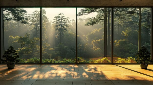progettazione interna di una stanza spaziosa con grandi finestre sullo sfondo della natura