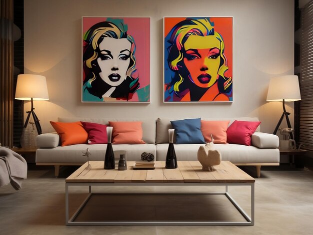 Progettazione interna in stile pop art del soggiorno moderno con due divani beige