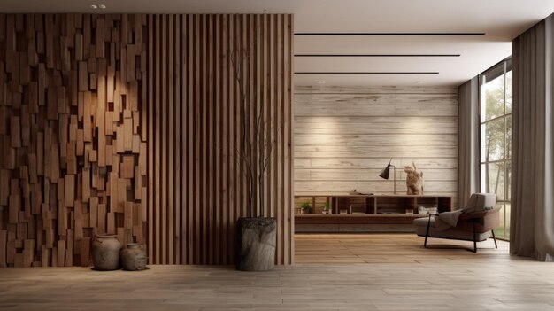 Progettazione interna minimalista di un moderno atrio d'ingresso rustico con un divisorio in legno astratto