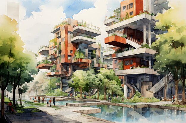 Progettazione urbana sostenibile con elementi ecologici acquerello