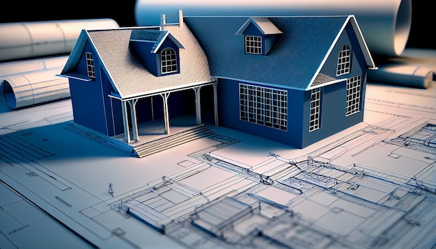 Progetti di progetto e un modello di casa per un progetto di costruzione Background in progetti di costruzione di alloggi immobiliari e piani di progettazione ingegneristica per l'edilizia residenziale AI generativa