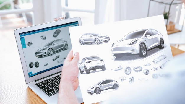 Progettista di auto che analizza attentamente i prototipi di auto sincroni