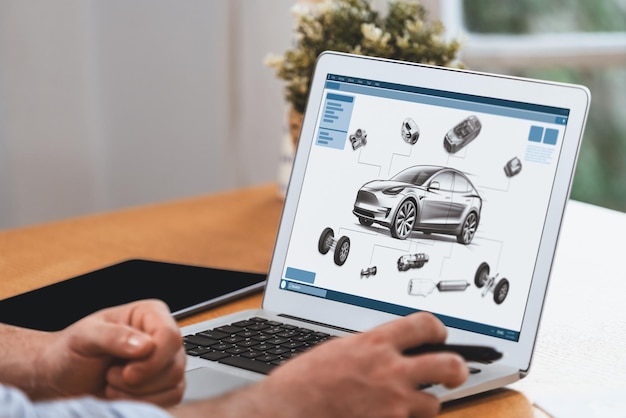 Progettista di auto che analizza attentamente il prototipo di auto Synchronos