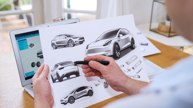 Progettista di auto che analizza attentamente il prototipo di auto Synchronos