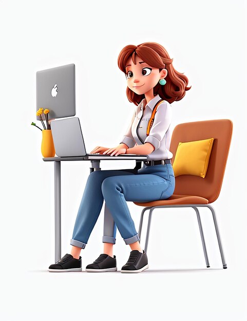 Progetto di business di una giovane donna freelance che lavora presso l'illustrazione vettoriale del laptop in stile piatto