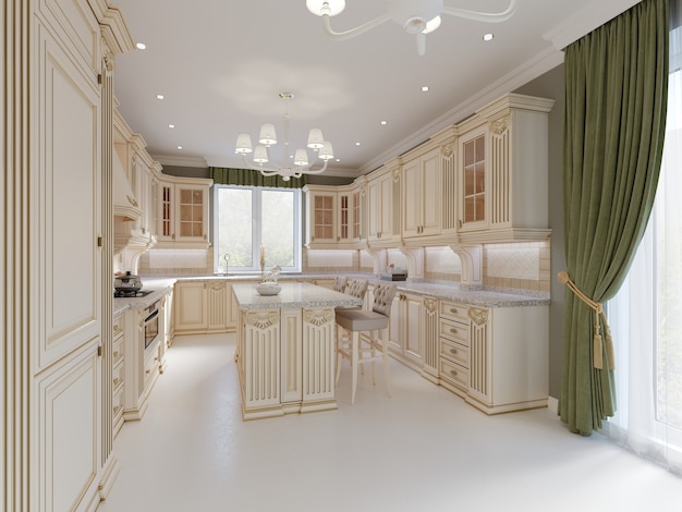 Progetto finito di cucina classica con dettagli in legno e pavimento in marmo, interni luminosi di lusso, rendering 3d