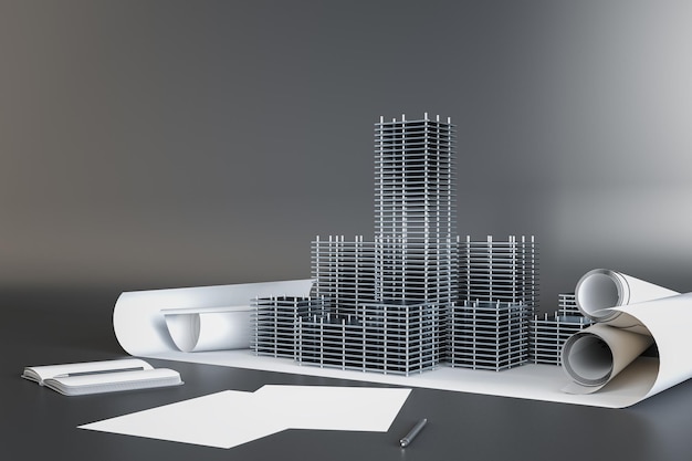 Progetto grattacielo con scartoffie su sfondo grigio Concetto di architettura e ingegneria Rendering 3D