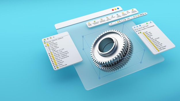 Progetto ingegneristico Modello software CAD 3D di una ruota dentata. rendering 3d dello schermo del computer di fabbrica.