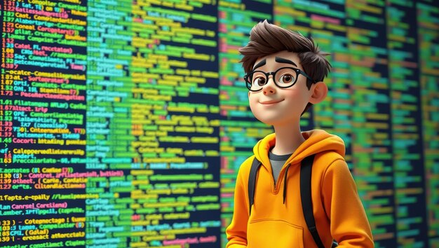 Programmatore di cartoni animati con background di codice