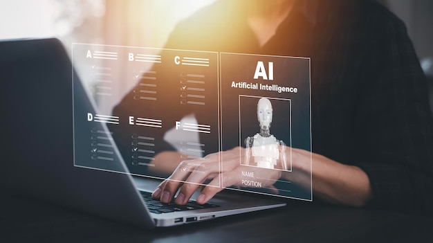 Programmatore persone che lavorano e toccano schermo virtuale AI intelligenza artificiale ingegnere del software codifica su computer portatili con icone tecnologiche e codice binario codifica big data Ai bot digitale