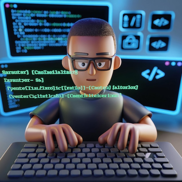 Programmatore sviluppatore digitazione script linguaggi sorgente codifica simboli sviluppo di icone dati di progetto programmazione ingegneria software tecnologie IT computer rendering 3D