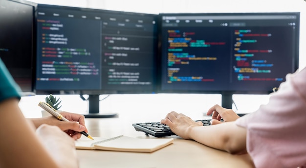 Programmatrice che prende nota mentre lo sviluppatore web presenta il programma Burgeoning