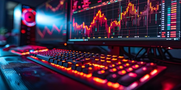 Programmazione con tastiera retroilluminata rossa e visualizzazione dei dati sul monitor Concept Software Development Red Backlit Keyboard Data Display Coding Environment Programming Setup