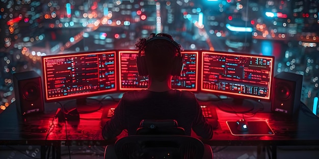 Programmazione con tastiera retroilluminata rossa e visualizzazione dei dati sul monitor Concept Software Development Red Backlit Keyboard Data Display Coding Environment Programming Setup