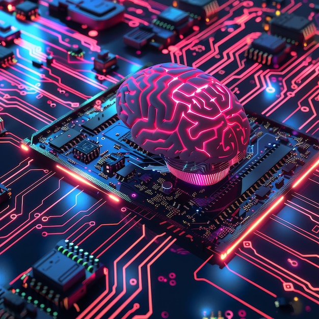 programmazione intelligente cervello astratto su chip che simboleggia l'intelligenza artificiale colore neon ai