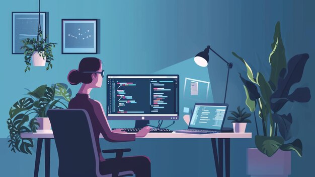 Programmer bekerja di komputer di kantor rumah Programmer membuat kode di monitor komputer Programmer membuat kode dan ilustrasi pemrograman dalam gaya datar Generative AI