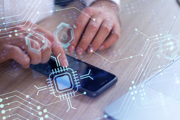 programmer holding in the hands a smart phone and testing an innovative application to provide a completely new service close up shot hologram tech graphs concept of dev team formal wear