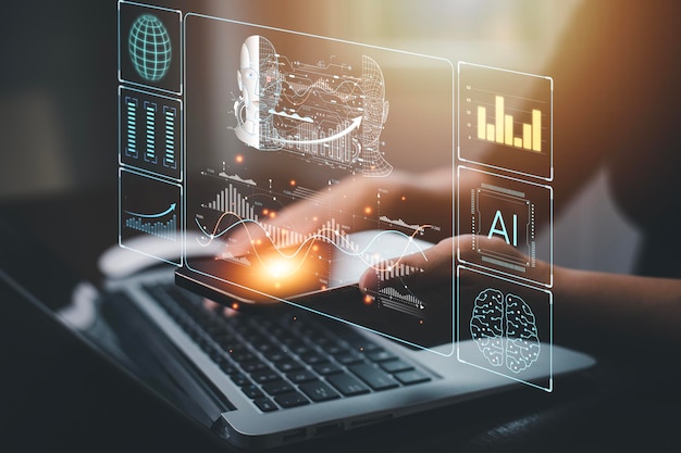 programmer people working laptops or smartphones with ai artificial intelligence software engineer coding on laptop computers with technology icons and binary code big data ai bot digital machine