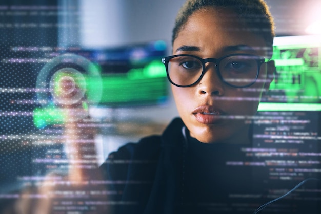 Programmer woman with touch and code cybersecurity with database password and information technology Cybersecurity programming with ransomware and fingerprint privacy and holographic overlay