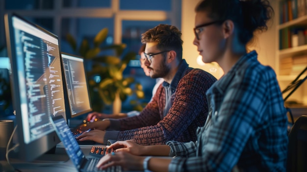 Programmers and developer team are coding and developing software computer