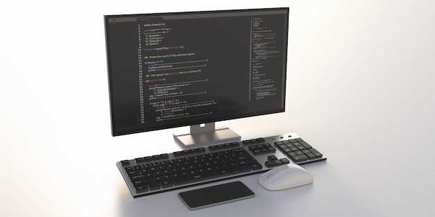 Programming code on a computer monitor screen isolated on white background 3d illustration