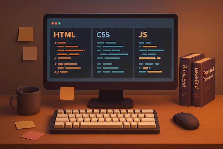 Foto programming workspace html css and javascript on a monitor