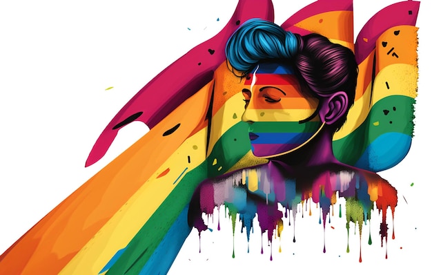 Progress Pride Flag poster del mese LGBT Ragazza con un berretto sullo sfondo della bandiera dell'arcobaleno LGBT Copia spazio