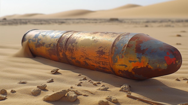 Proiettile metallico sparato da un cannone sulla sabbia del deserto