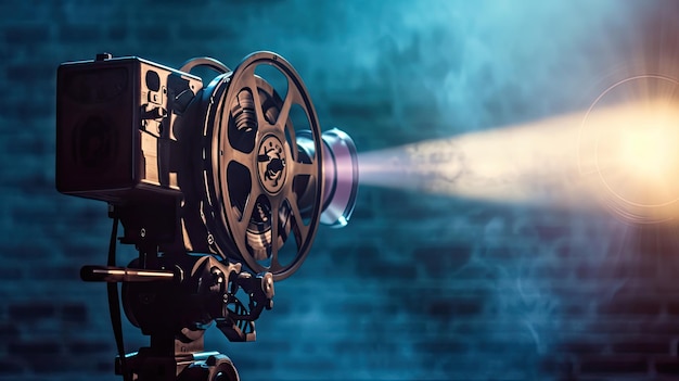 Proiettore cinematografico su sfondo scuro con fascio di luce immagine ad alto contrasto