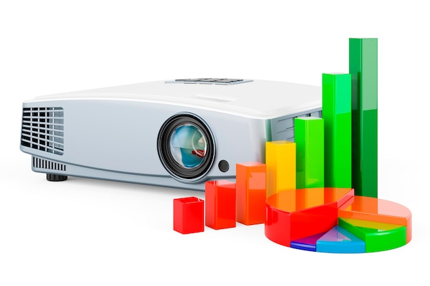 Proiettore con grafico a barra di crescita e diagramma a torta rendering 3D isolato su sfondo bianco