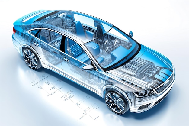 Proiezione di un'auto moderna Visualizzazione grafica 3D mostra l'analisi e l'ottimizzazione di un prototipo di veicolo completamente sviluppato Tecnologie moderne dell'ingegneria meccanica