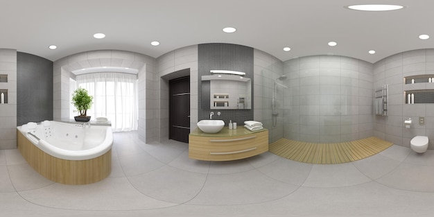 Proiezione panoramica sferica a 360 gradi Rendering 3D degli interni del bagno moderno